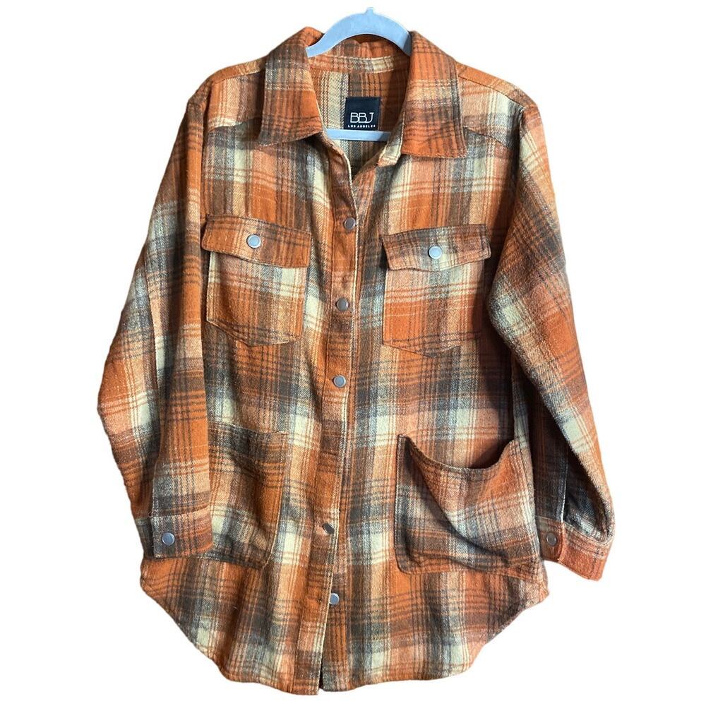 BBJ Los Angeles  Chore coat Orange Brown Plaid Fall Shacket Large